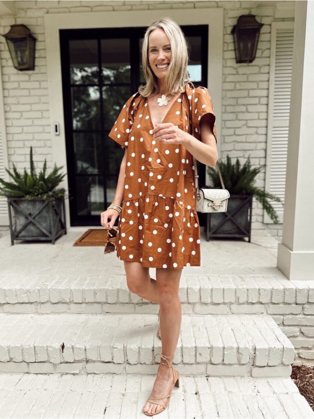 Polka Dot V-Neck Short Sleeve Mini Dress in Brown